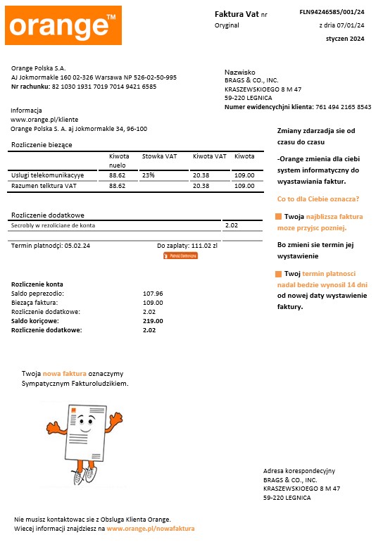 Poland Orange business utility bill template in Word and PDF formats